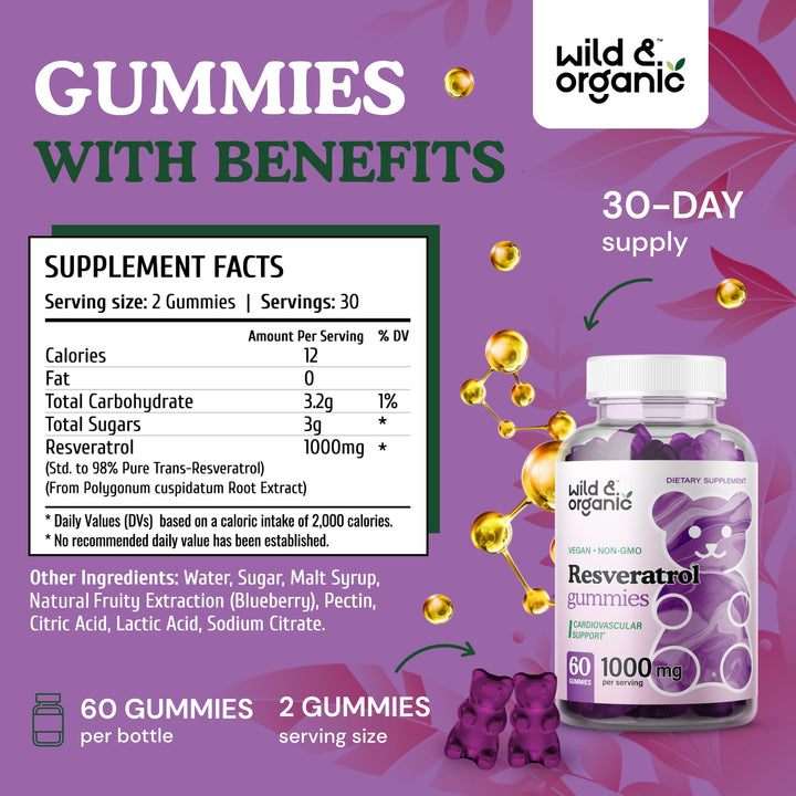 Wild & Organic Resveratrol Gummies, 1000mg, 60 Count