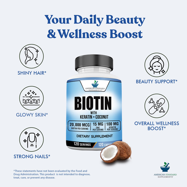 American Standard Supplements Biotin Coconut Zinc Capsules, 20000 mcg, 120 Count