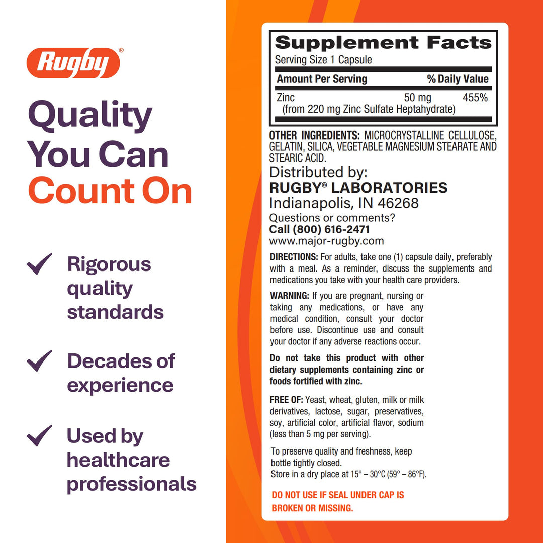 RUGBY LABORATORIES Zinc Capsules, 50 mg, 100 Count