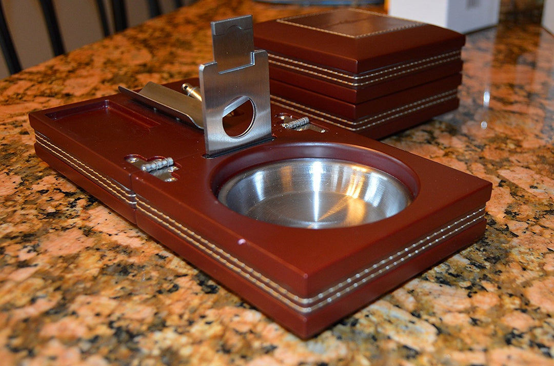 Habanosy Hermanos Compact Ash Tray with Cutter and Punch, Walnut with Leather, 4.75 in x 4.75 in x 2.8 in