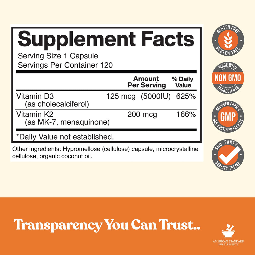 American Standard Supplements Vitamin D3 5000 IU with Vitamin K2, 120 Count