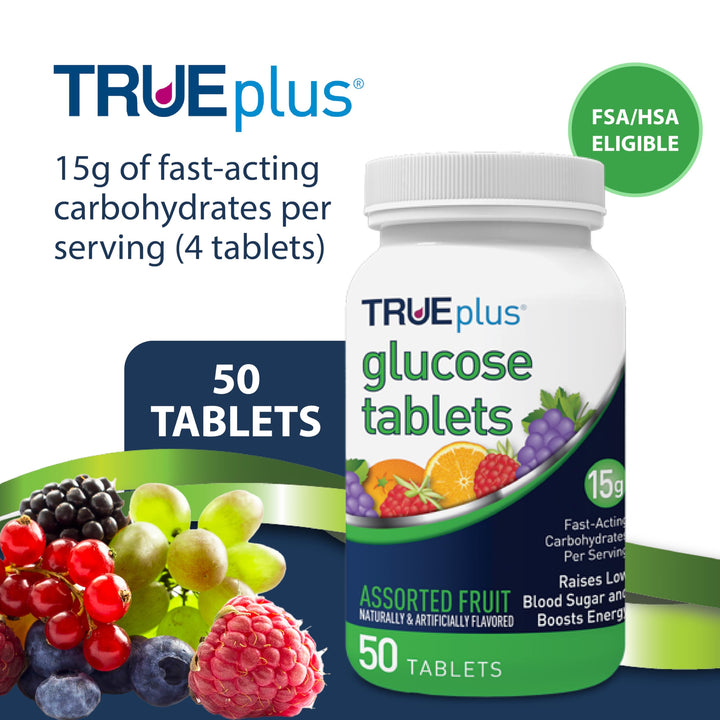 TRUEplus Glucose Tablets, Assorted Fruit Flavors, 50 Count