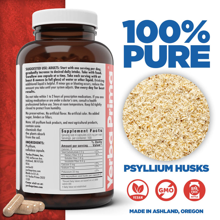 Yerba Prima Psyllium Husks Veg Caps, 625 mg, 400 Count