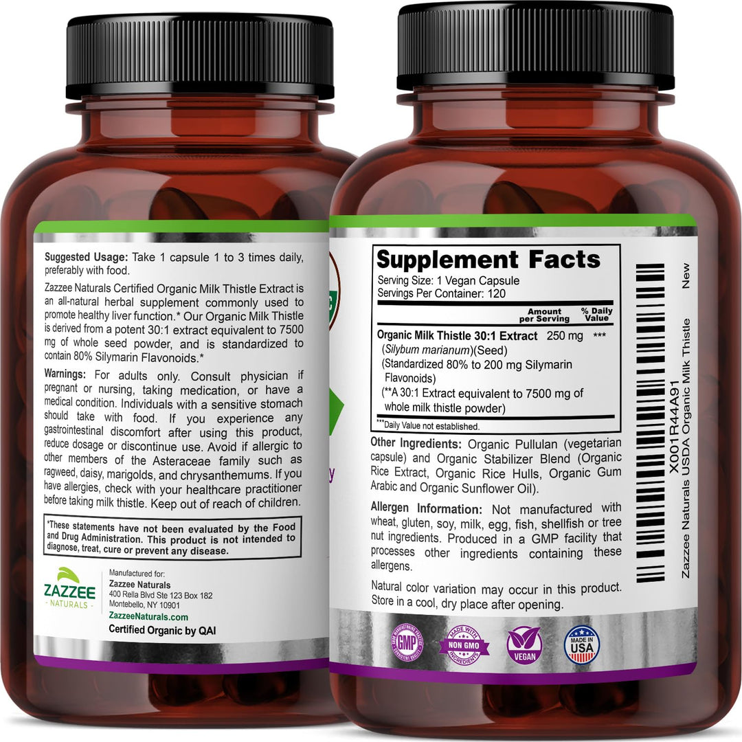 Zazzee Organic Milk Thistle Extract Capsules, 7500 mg, 120 Count