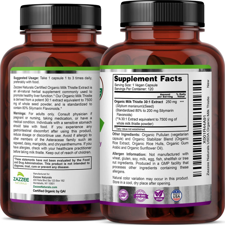 Zazzee Organic Milk Thistle Extract Capsules, 7500 mg, 120 Count