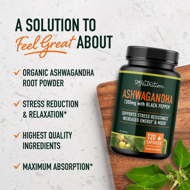 SMNutrition Ashwagandha Root Extract Supplement, 1300 mg, 120 Count