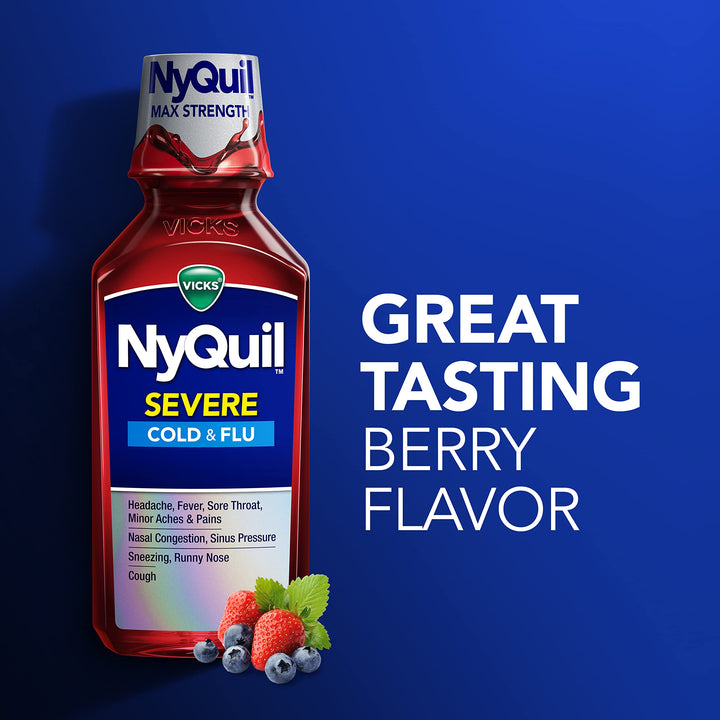 Vicks NyQuil Severe Cold and Flu Medicine, Berry Flavor, 12 fl oz, Pack of 2