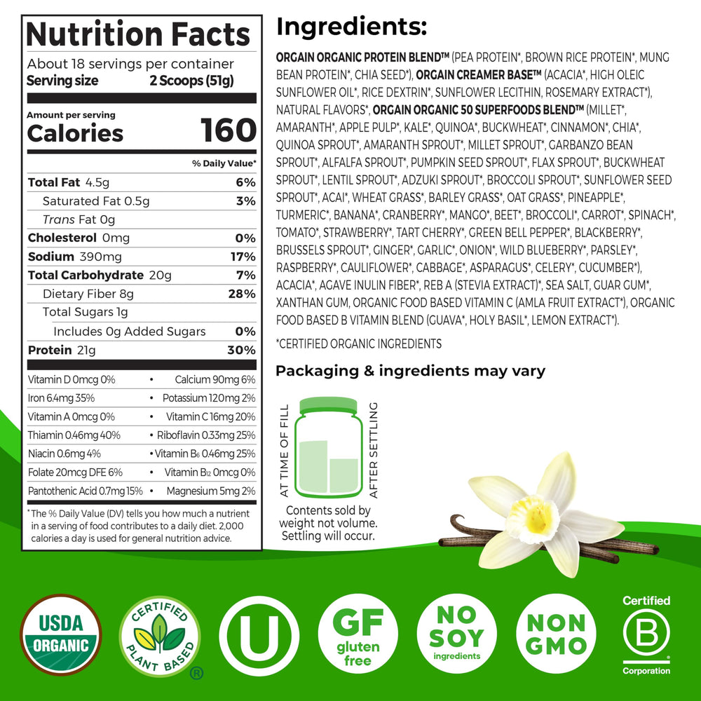 Orgain Organic Vegan Protein and Superfoods Powder, Vanilla Bean, 2.02 lb