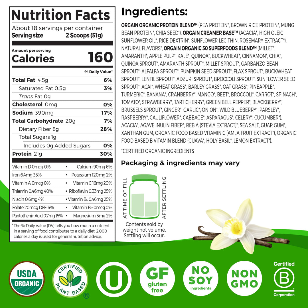 Orgain Organic Vegan Protein and Superfoods Powder, Vanilla Bean, 2.02 lb