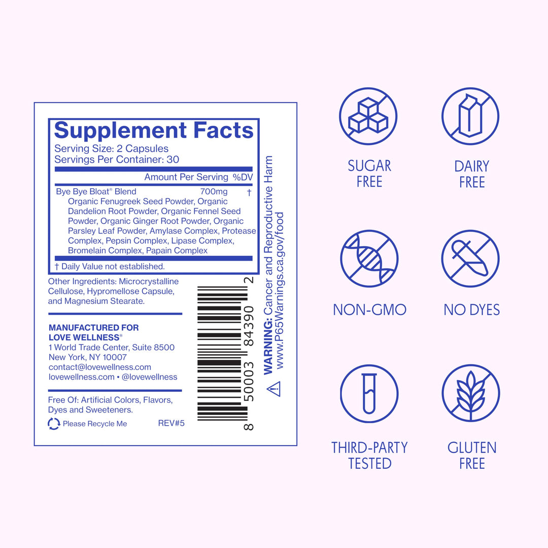 Love Wellness Bye Bye Bloat Digestive Enzymes Supplement, 60 Count