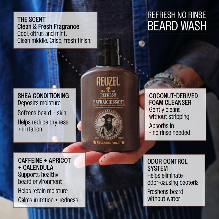 REUZEL Refresh No Rinse Beard Wash, 3.38 oz