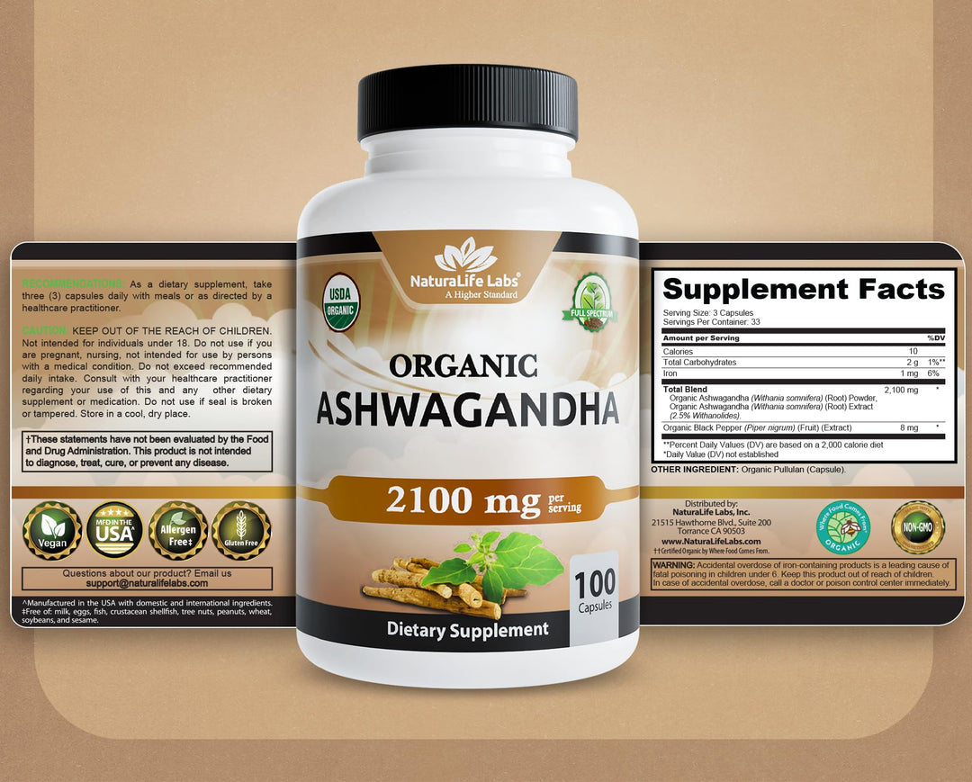 NaturaLife Labs Organic Ashwagandha, 2100 mg, 100 Count