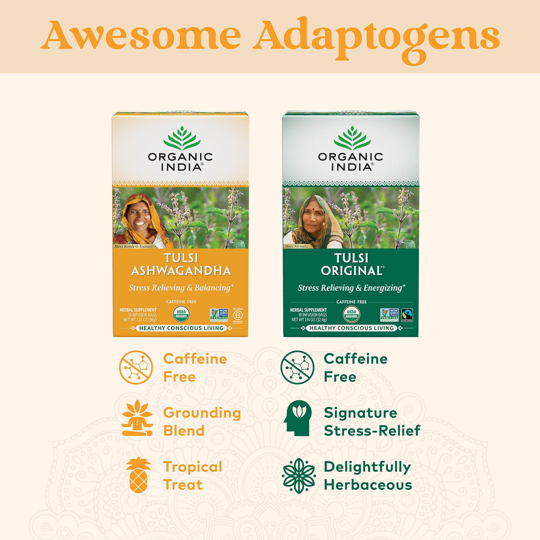 Organic India Tulsi Tea Ashwagandha, Caffeine-Free, 18 Count, 1.27 oz
