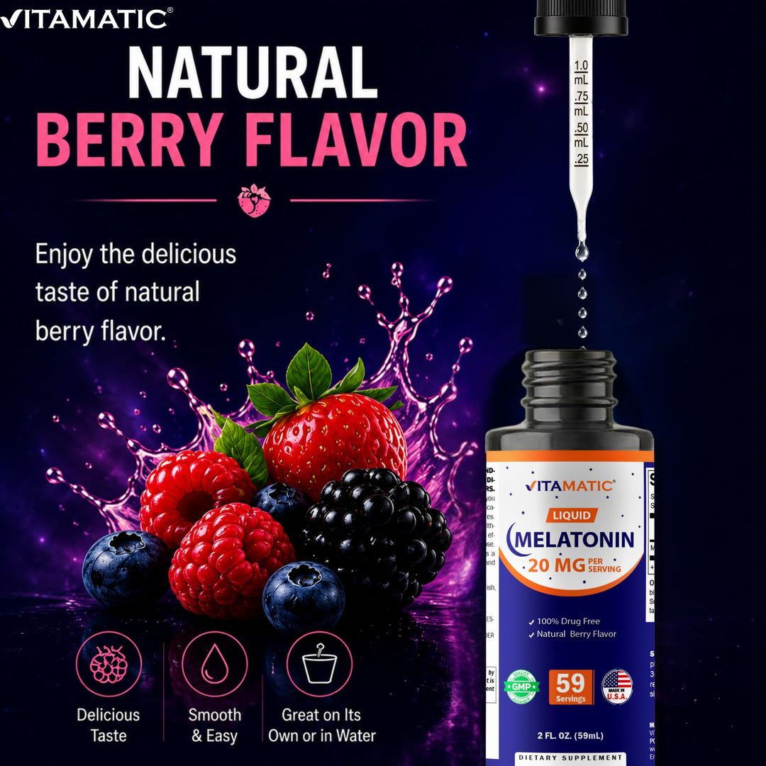Vitamatic Melatonin 20 mg Liquid Drops, Natural Berry Flavor, 2 fl oz, Pack of 2