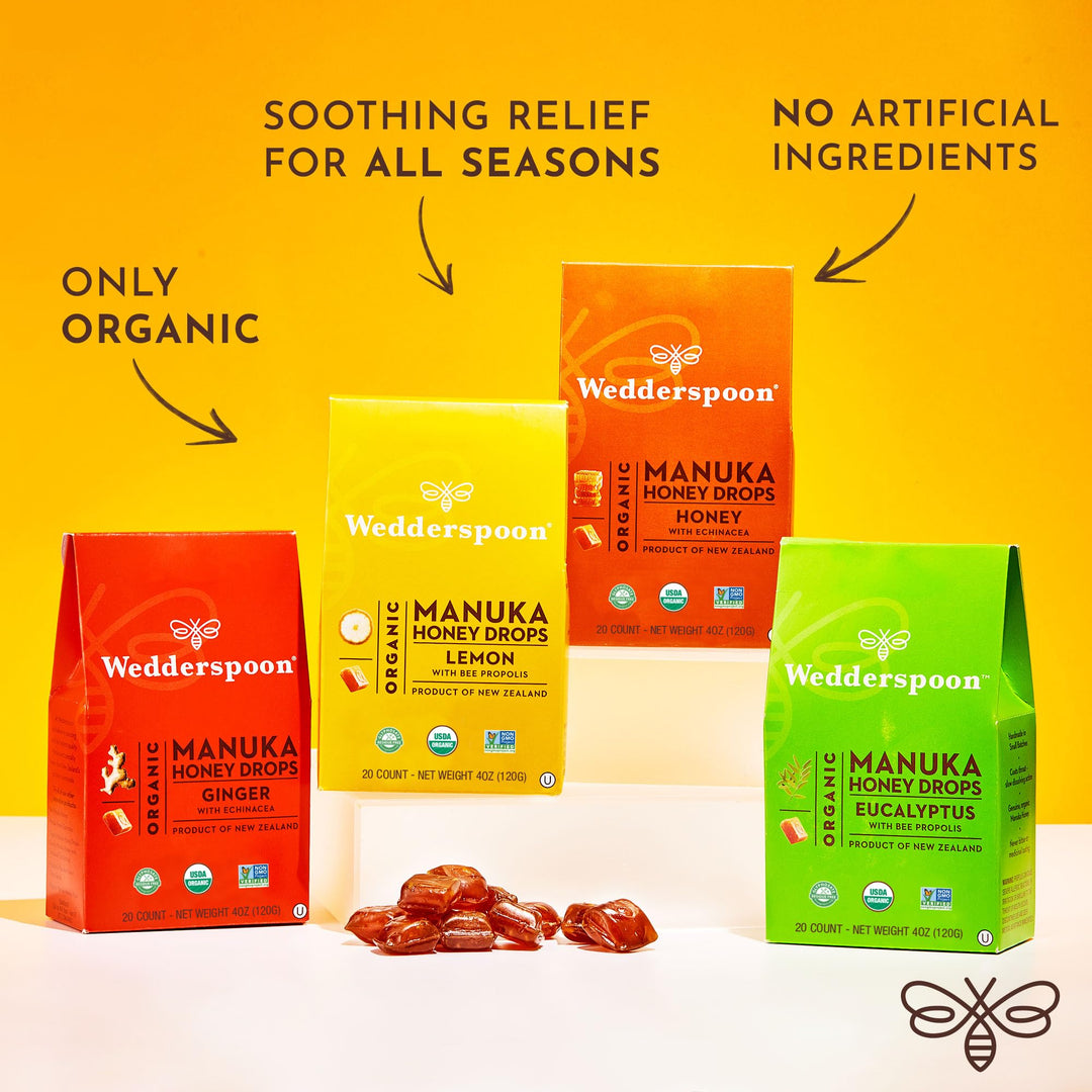 Wedderspoon Organic Manuka Honey Drops, Eucalyptus & Bee Propolis, 20 Count
