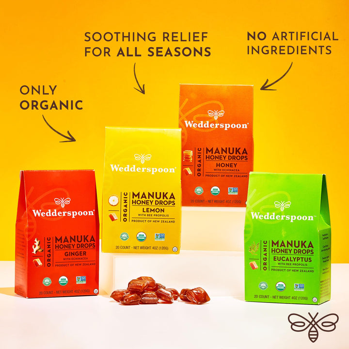 Wedderspoon Organic Manuka Honey Drops, Eucalyptus & Bee Propolis, 20 Count