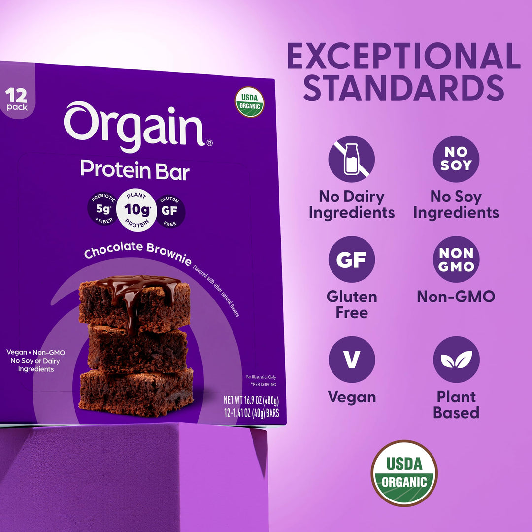 Orgain Organic Vegan Protein Bar, Chocolate Brownie, 12 Count