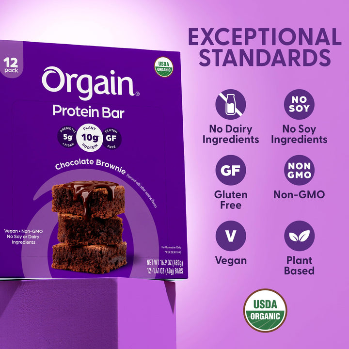 Orgain Organic Vegan Protein Bar, Chocolate Brownie, 12 Count
