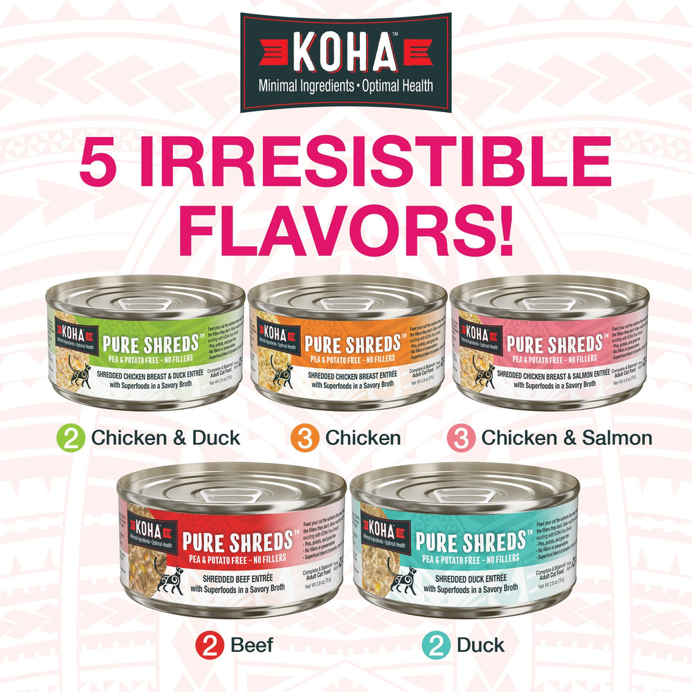 KOHA Pure Shreds Cat Food Variety Pack, Beef Duck and Chicken, 2.8 oz, Pack of 12
