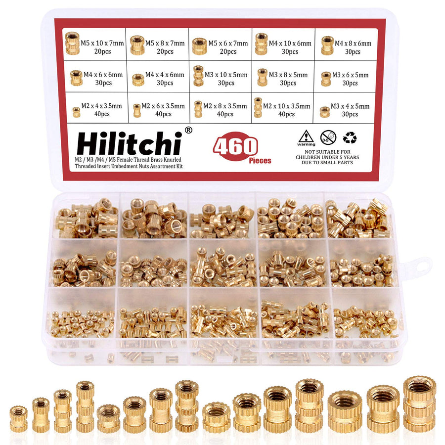 Hilitchi Brass Knurled Threaded Insert Assortment Kit, 460 Count