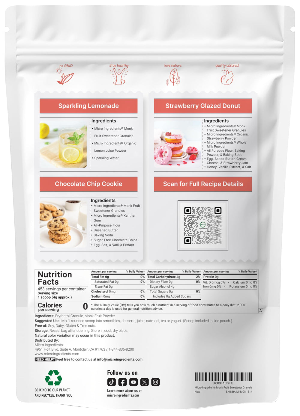 Micro Ingredients Monk Fruit Sweetener with Erythritol Granules, 4 lb