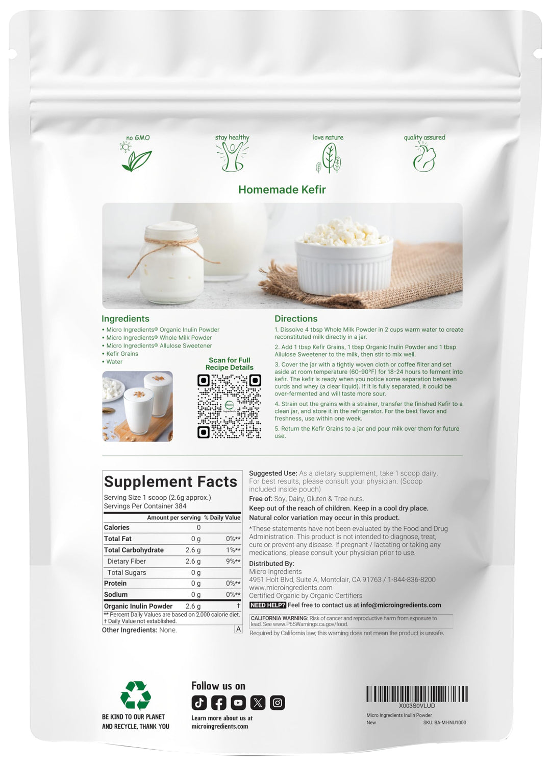 Micro Ingredients Organic Inulin FOS Fiber Powder, 2.2 lb