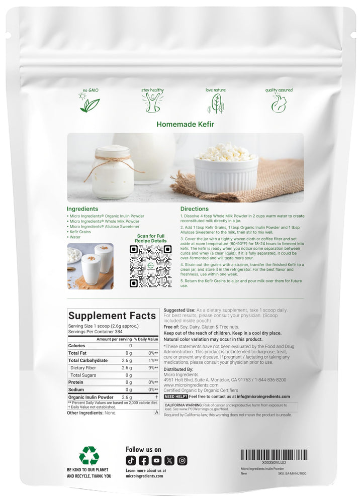 Micro Ingredients Organic Inulin FOS Fiber Powder, 2.2 lb