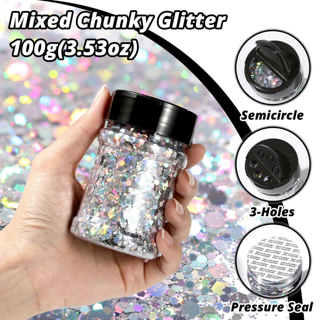 HTVRONT Holographic Chunky Glitter, Silver, 100 g