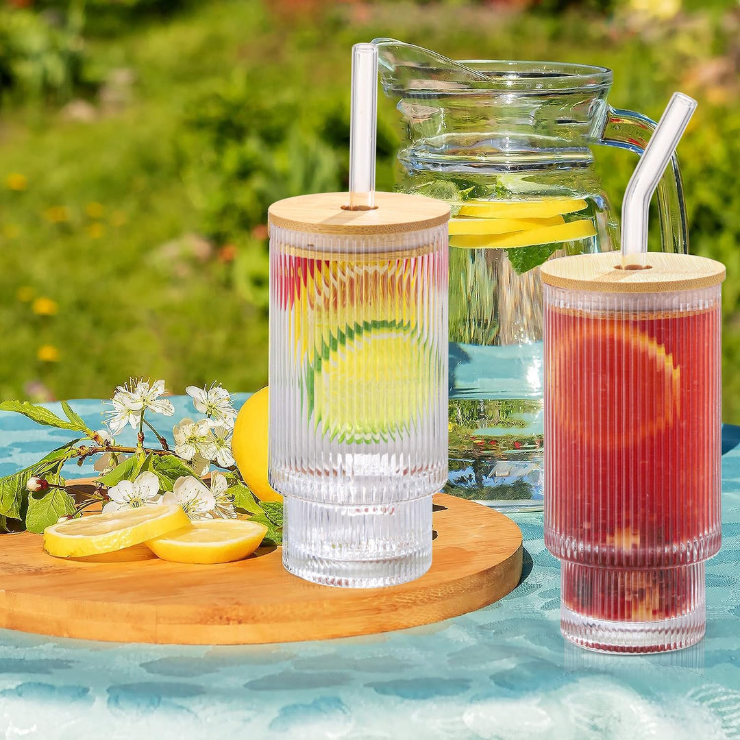 ASANMEYO Ribbed Drinking Glasses, 12 oz, 4 Count