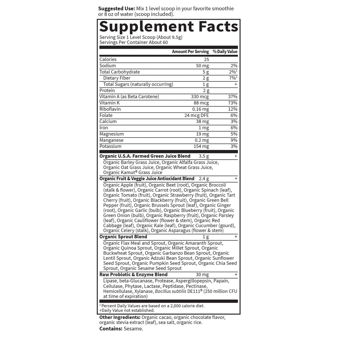 Garden of Life Raw Organic Perfect Green Superfood Juiced Powder, Chocolate, 20.1 oz
