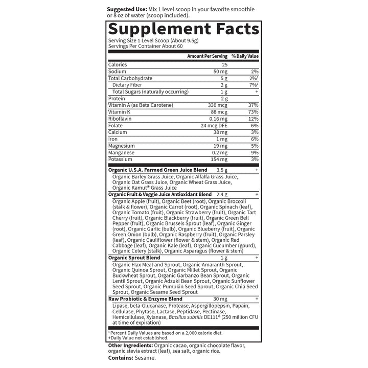 Garden of Life Raw Organic Perfect Green Superfood Juiced Powder, Chocolate, 20.1 oz