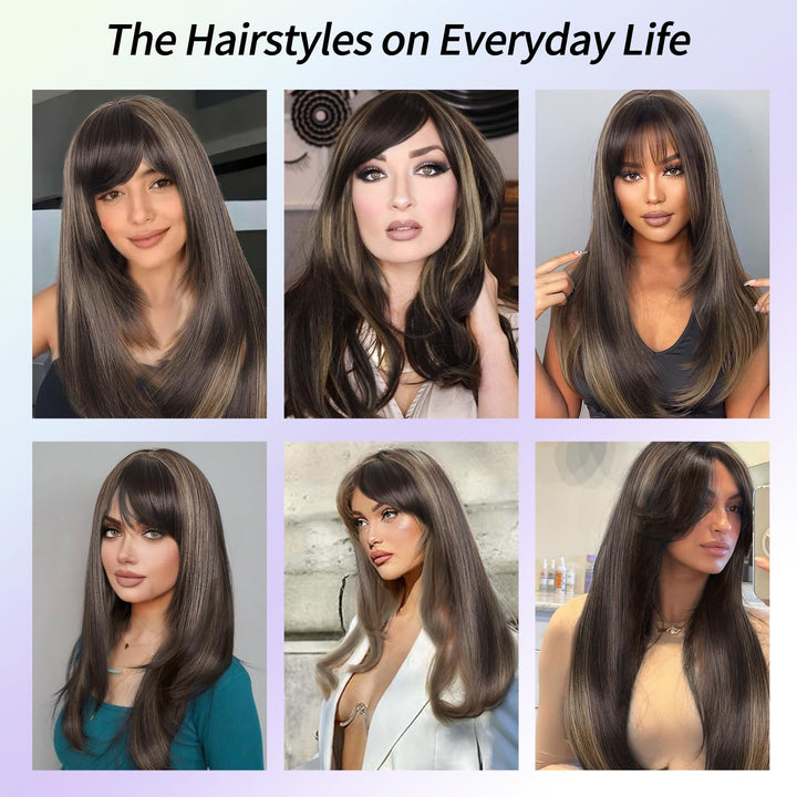 Kalyss Women's Wig Long Straight Layered with Bangs, Brown with Highlights
