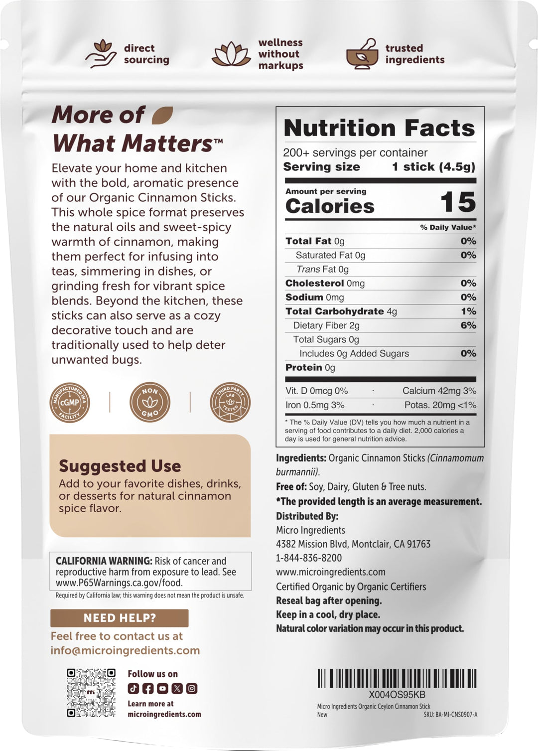 Micro Ingredients Organic Cinnamon Sticks Whole, 2 lb