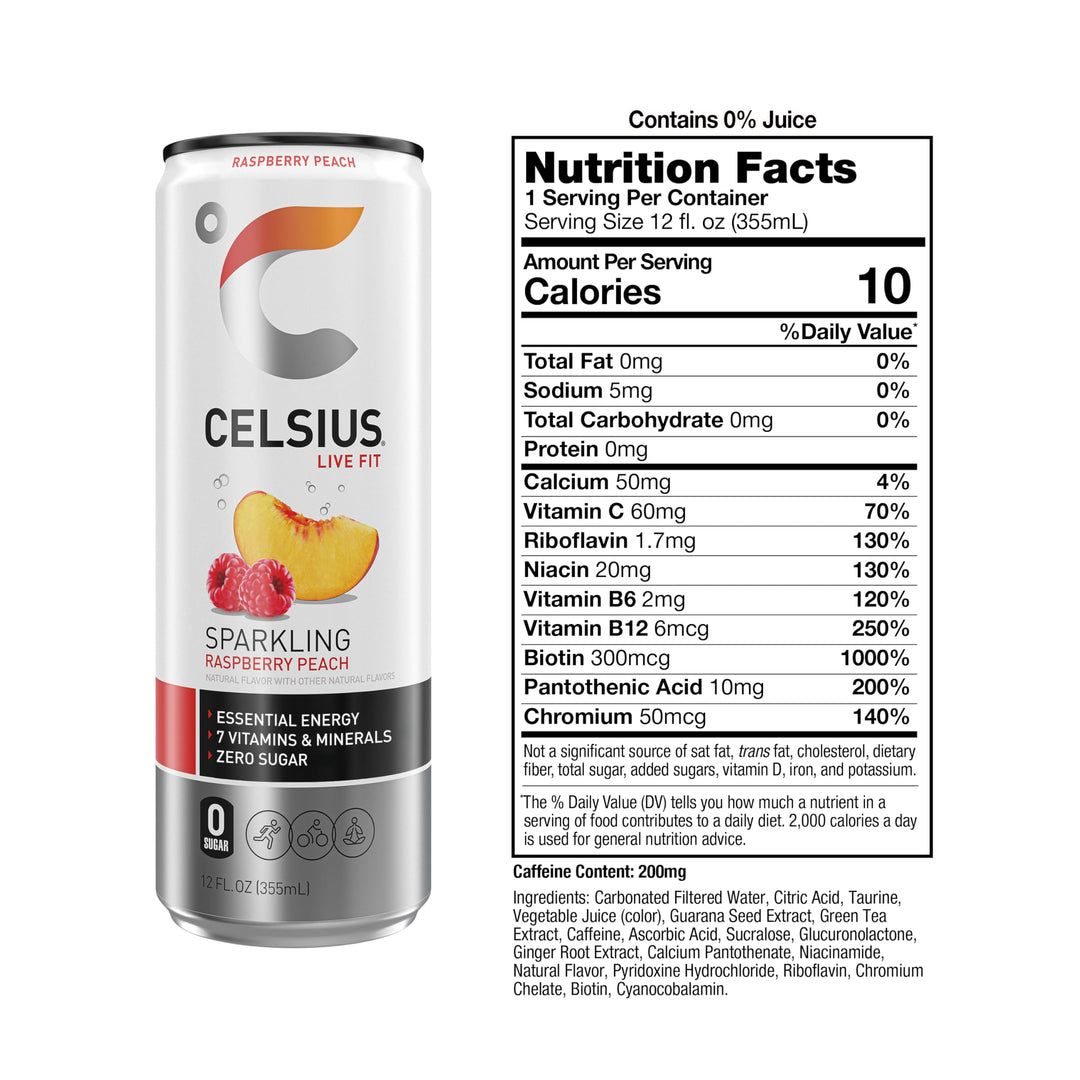 CELSIUS Sparkling Raspberry Peach Energy Drink, 12 fl oz, 12 Count