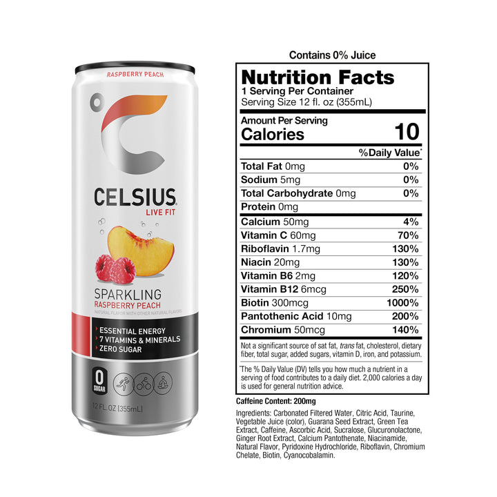 CELSIUS Sparkling Raspberry Peach Energy Drink, 12 fl oz, 12 Count