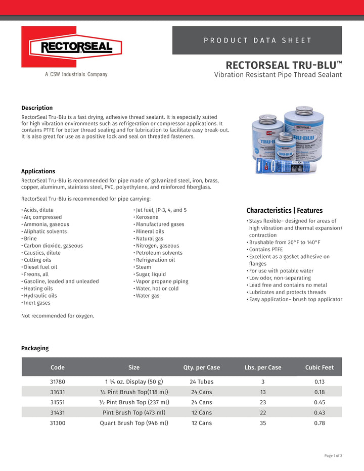 Rectorseal Tru-Blu Pipe Thread Sealant, 1/4 Pint Brush Top