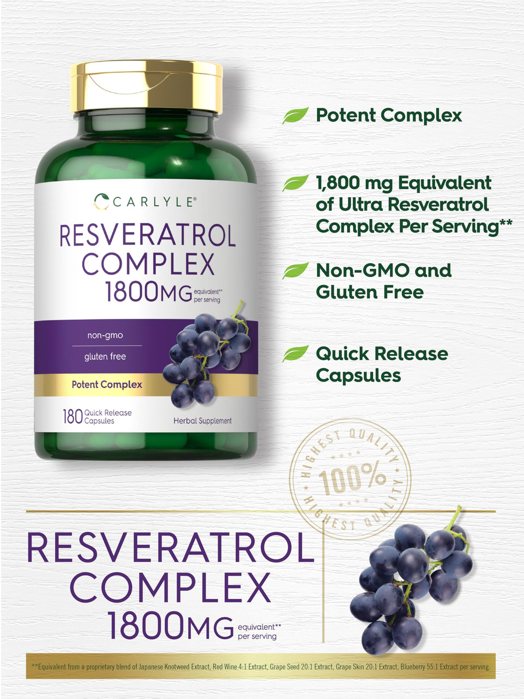 Carlyle Resveratrol Supplement, 1800 mg, 180 Count