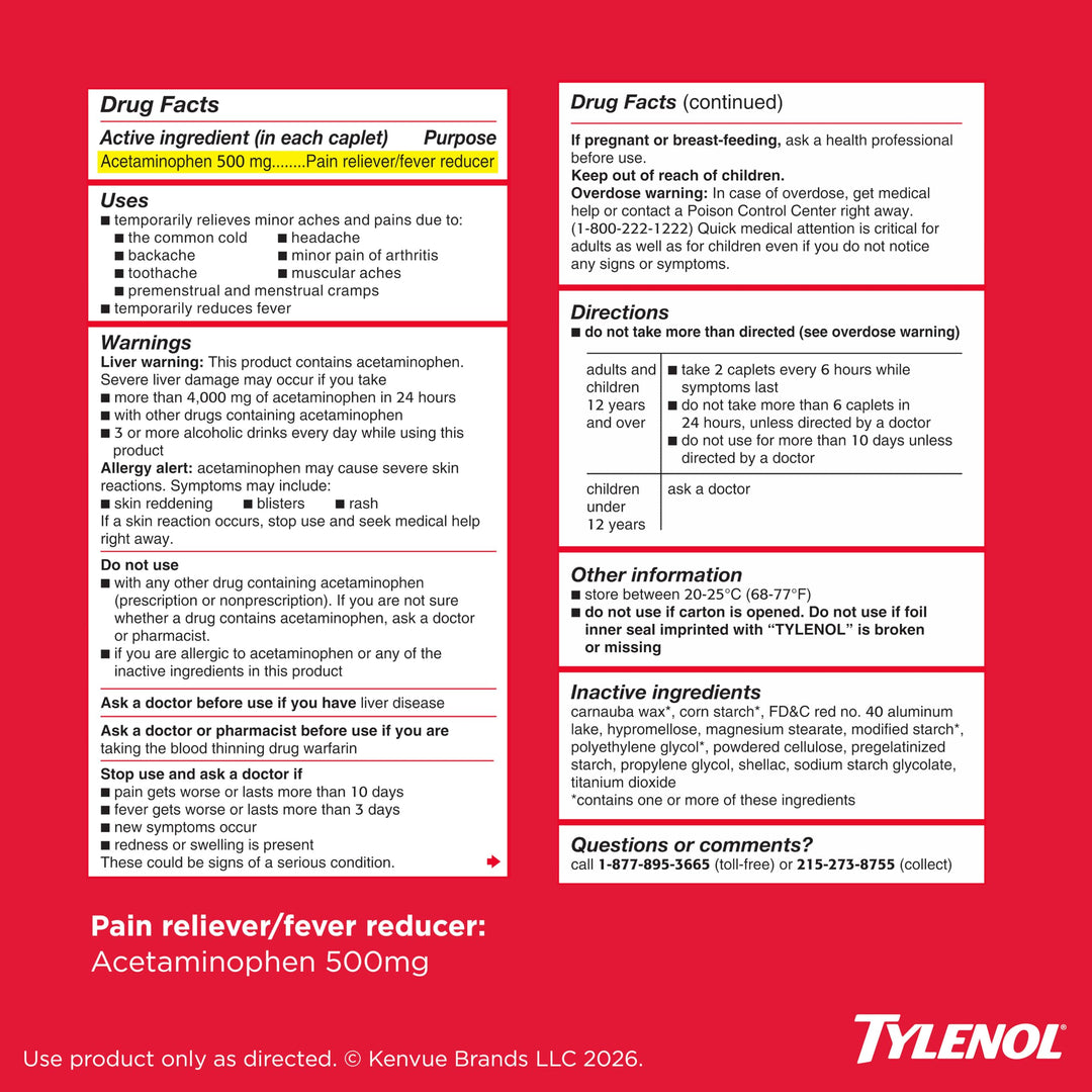 Tylenol Extra Strength Pain Reliever and Fever Reducer Caplets, 500 mg, 100 Count