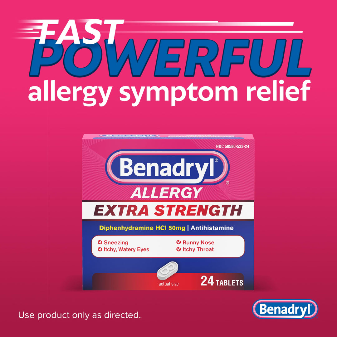 Benadryl Extra Strength Allergy Relief Tablets, 50 mg, 24 Count
