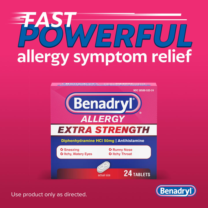 Benadryl Extra Strength Allergy Relief Tablets, 50 mg, 24 Count