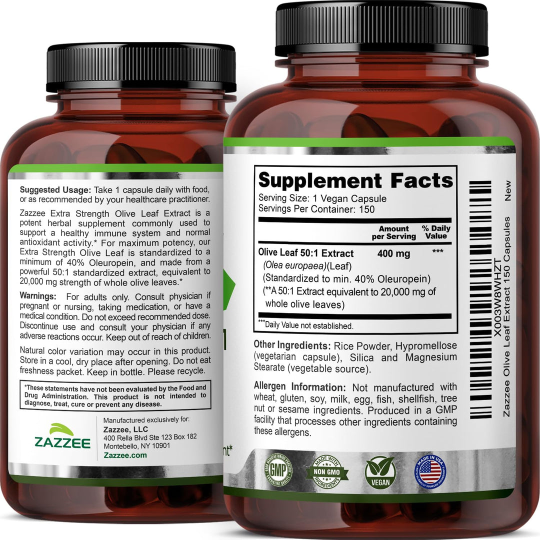 Zazzee Olive Leaf Extract, Extra Strength 50:1, 150 Count
