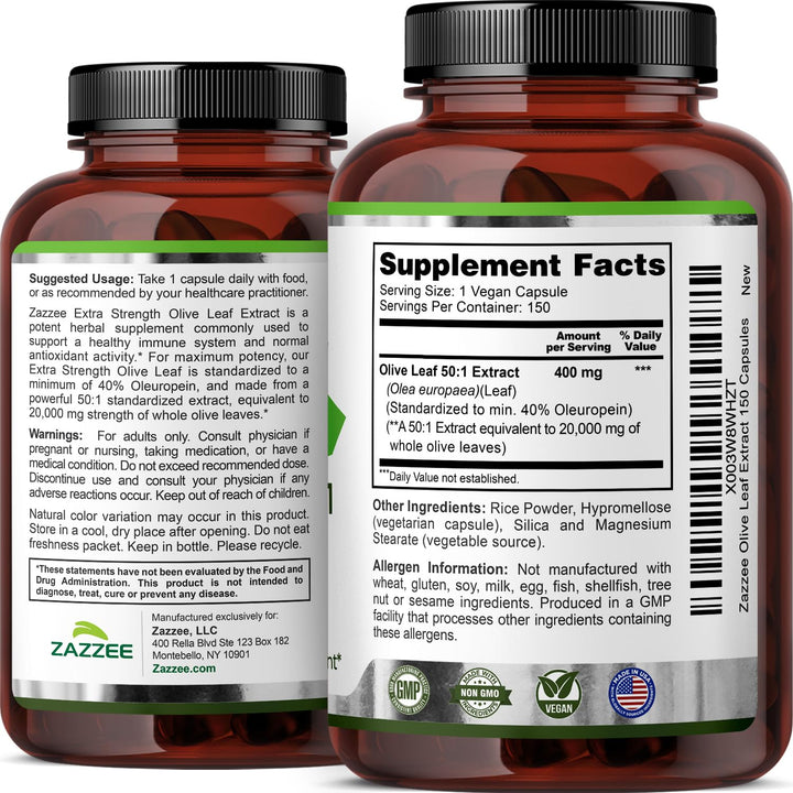 Zazzee Olive Leaf Extract, Extra Strength 50:1, 150 Count