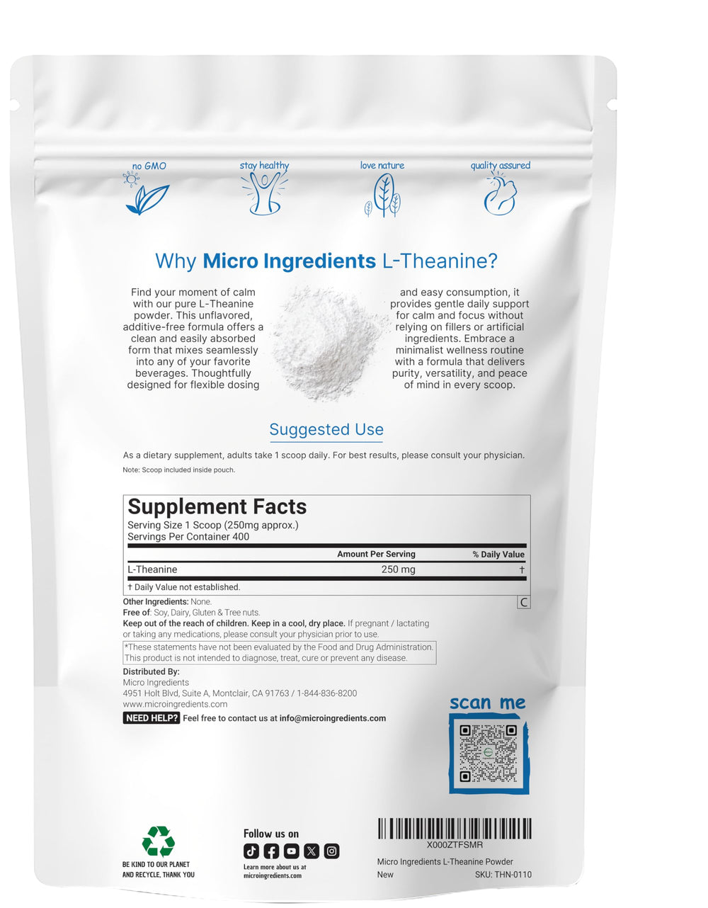 Micro Ingredients L-Theanine Powder, 100 g