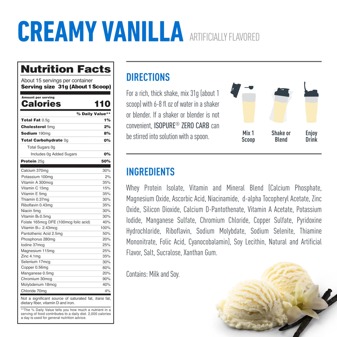 Isopure Zero Carb 100% Whey Isolate Protein Powder, Creamy Vanilla, 1 lb
