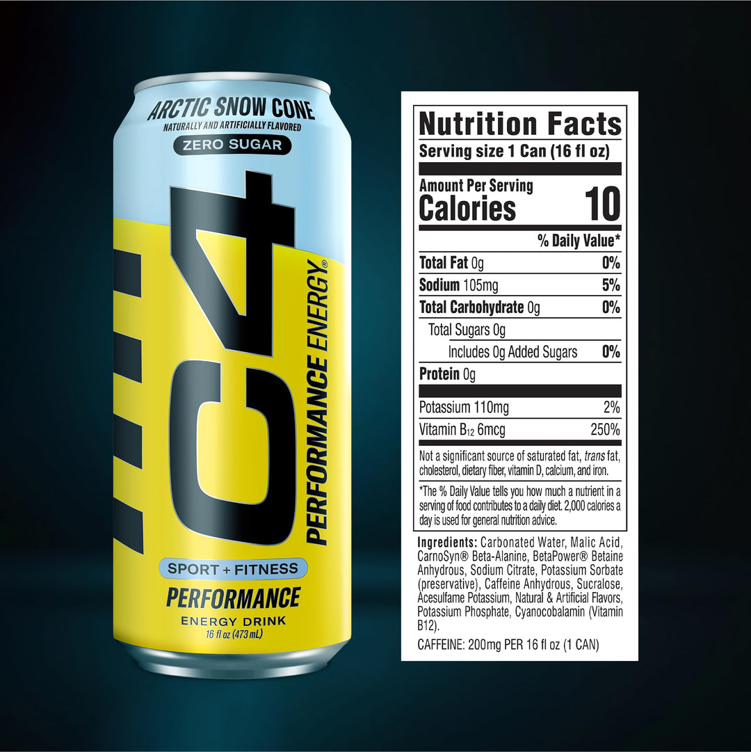 C4 Energy Carbonated Zero Sugar Drink, Arctic Snow Cone, 16 fl oz, Pack of 12