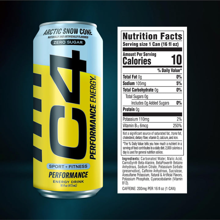 C4 Energy Carbonated Zero Sugar Drink, Arctic Snow Cone, 16 fl oz, Pack of 12