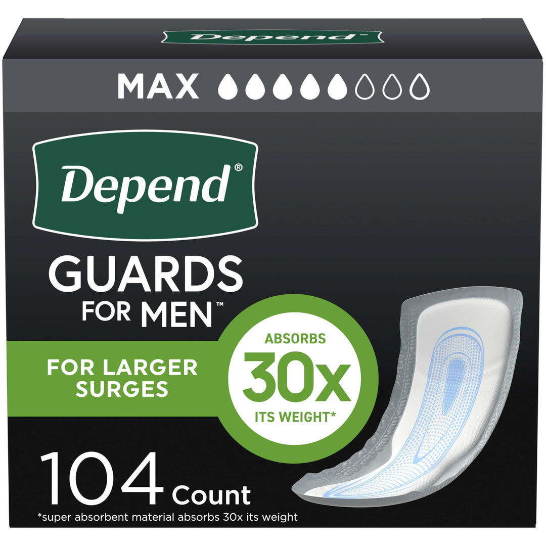 Depend Incontinence Guards For Men, Maximum Absorbency, 104 Count, Pack of 2