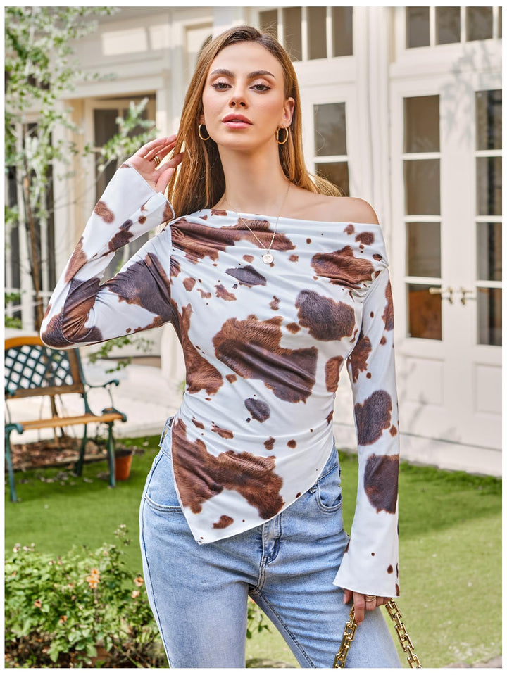 WDIRARA Cow Print One Shoulder Crop Top, Multicolor, XL
