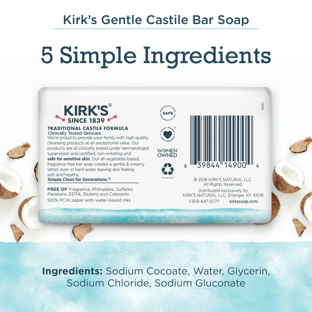 Kirk's Castile Bar Soap, Unscented, 4 oz, 4 Count