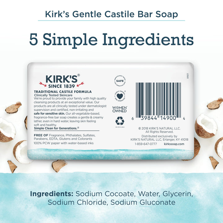 Kirk's Castile Bar Soap, Unscented, 4 oz, 4 Count